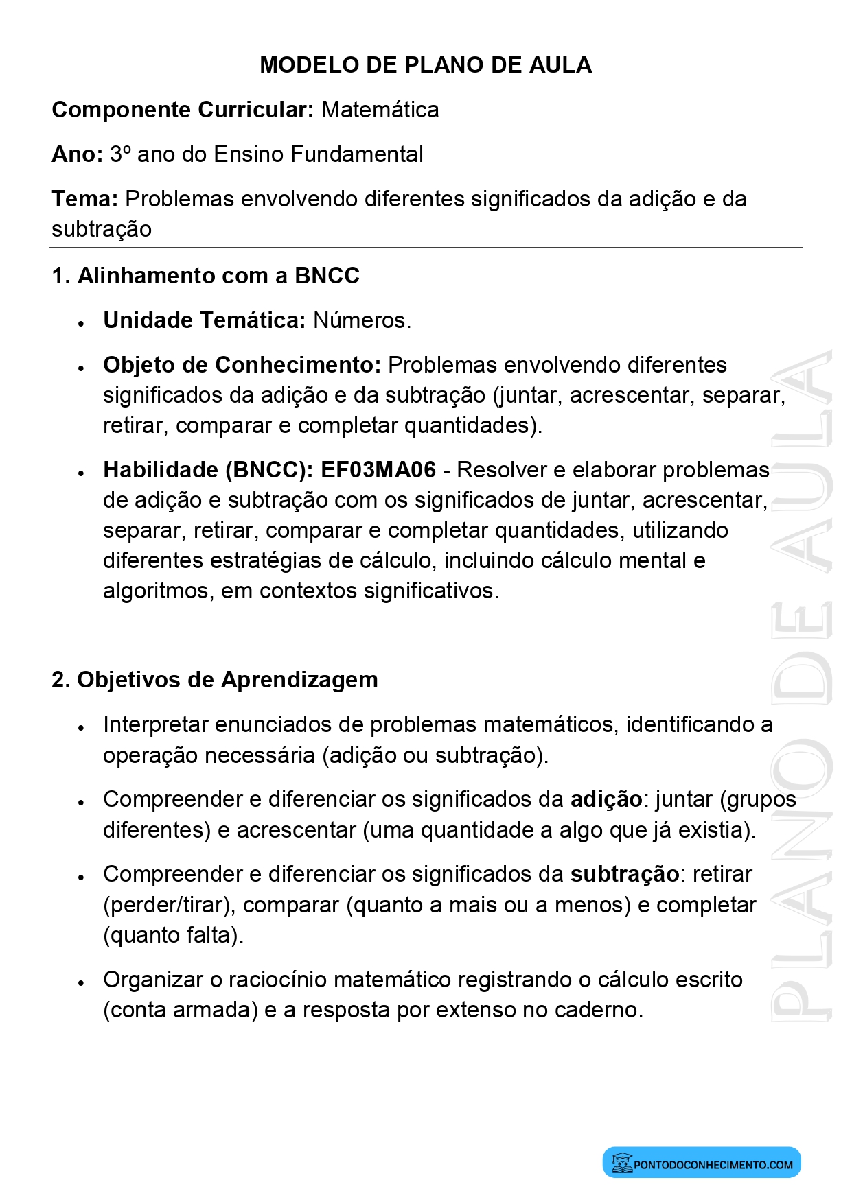 Plano de aula sobre diferentes significados da adição e da subtração
