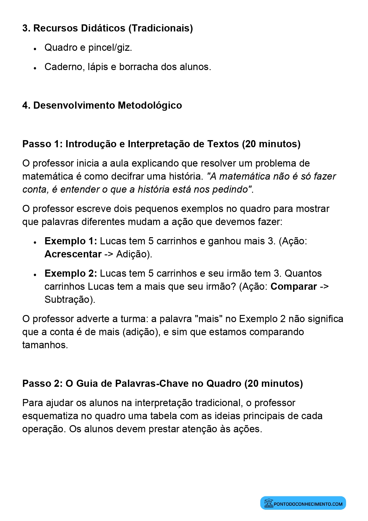 Plano de aula de Matemática sobre resolução de problemas de adição