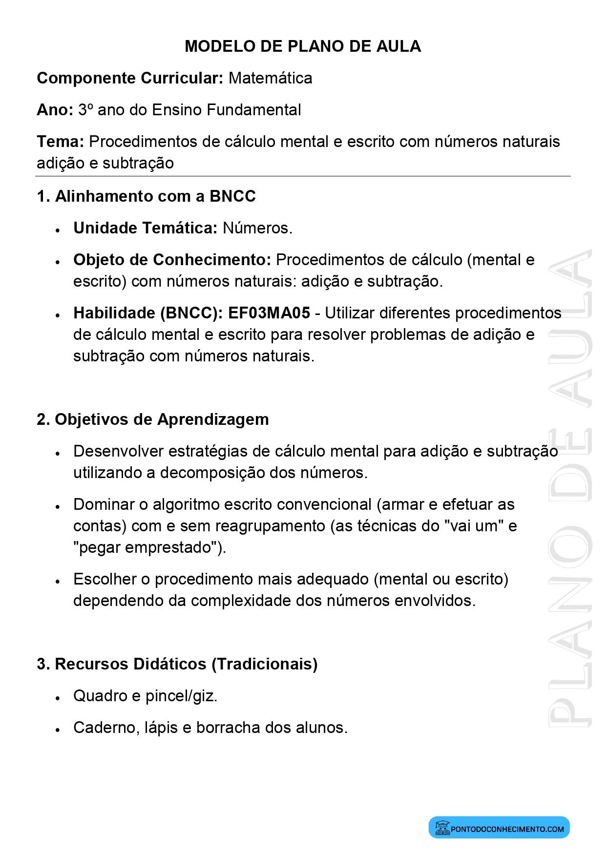 Modelo de plano de aula de Matemática para o 3º ano do Ensino Fundamental sobre procedimentos de cálculo mental e escrito com números naturais adição e subtração