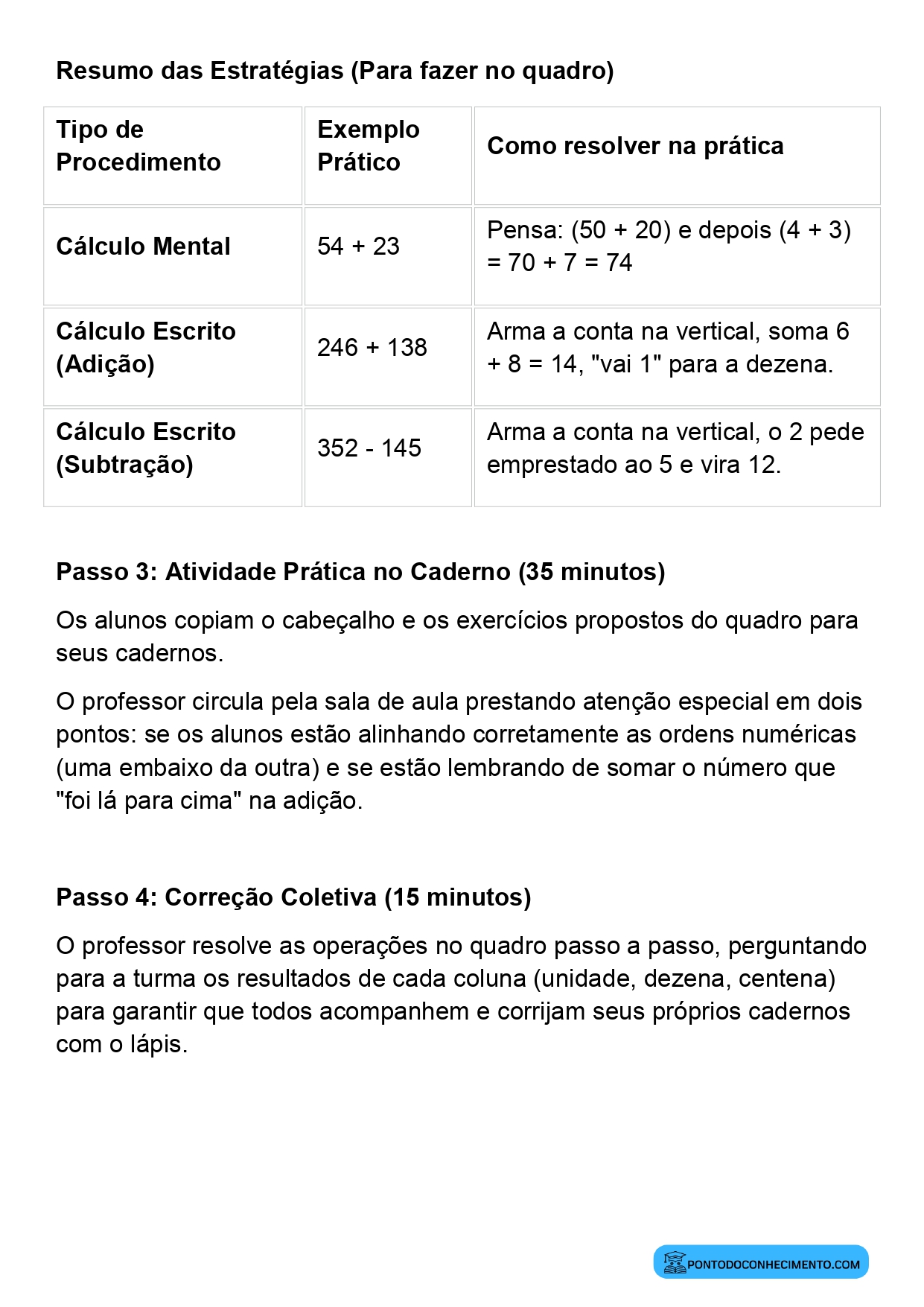Plano de aula de Matemática sobre adição e subtração com números naturais