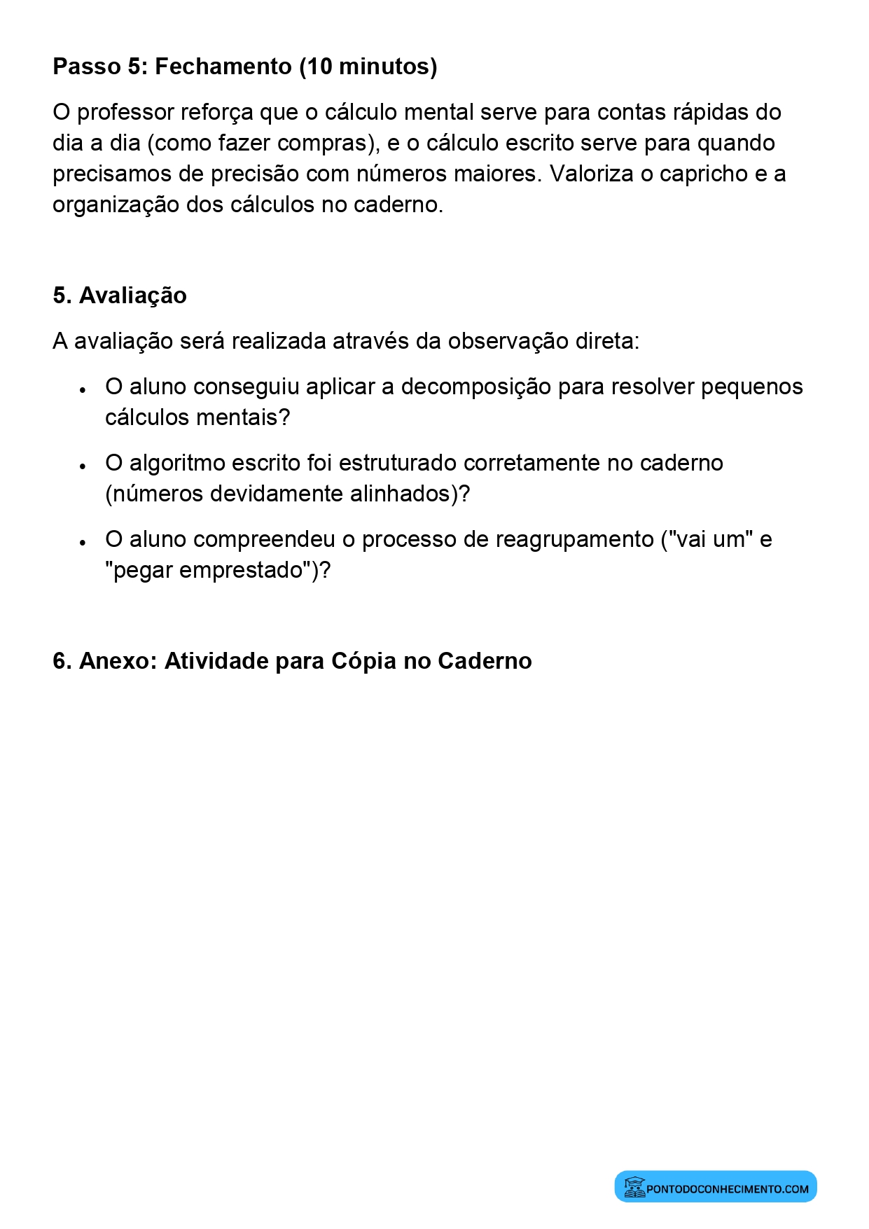 Plano de aula sobre procedimentos de cálculo mental para adição