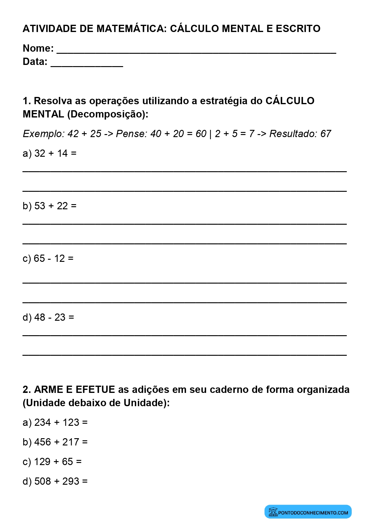 Plano de aula sobre estratégias de cálculo mental para subtração