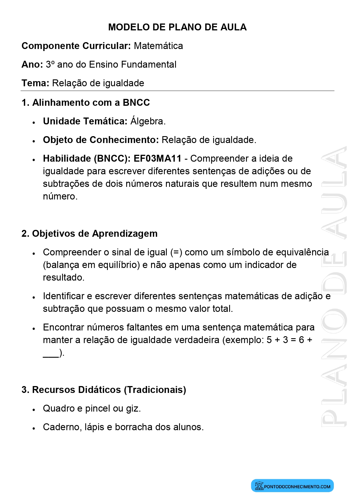 Plano de aula de Matemática para o 3º ano sobre relação de igualdade