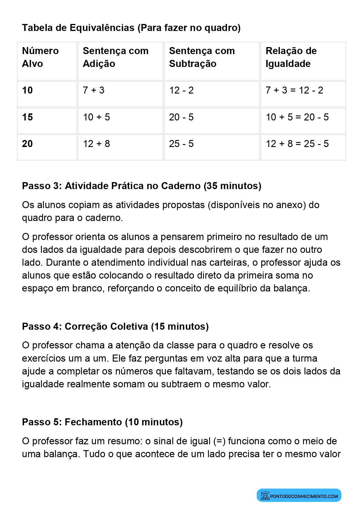Plano de aula de Matemática sobre igualdade entre expressões numéricas