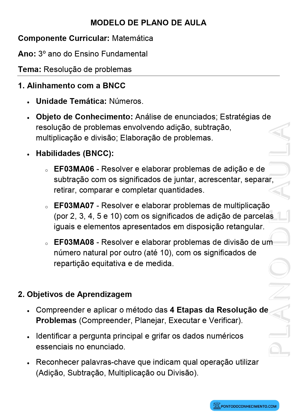 Plano de aula de Matemática para o 3º ano sobre resolução de problemas