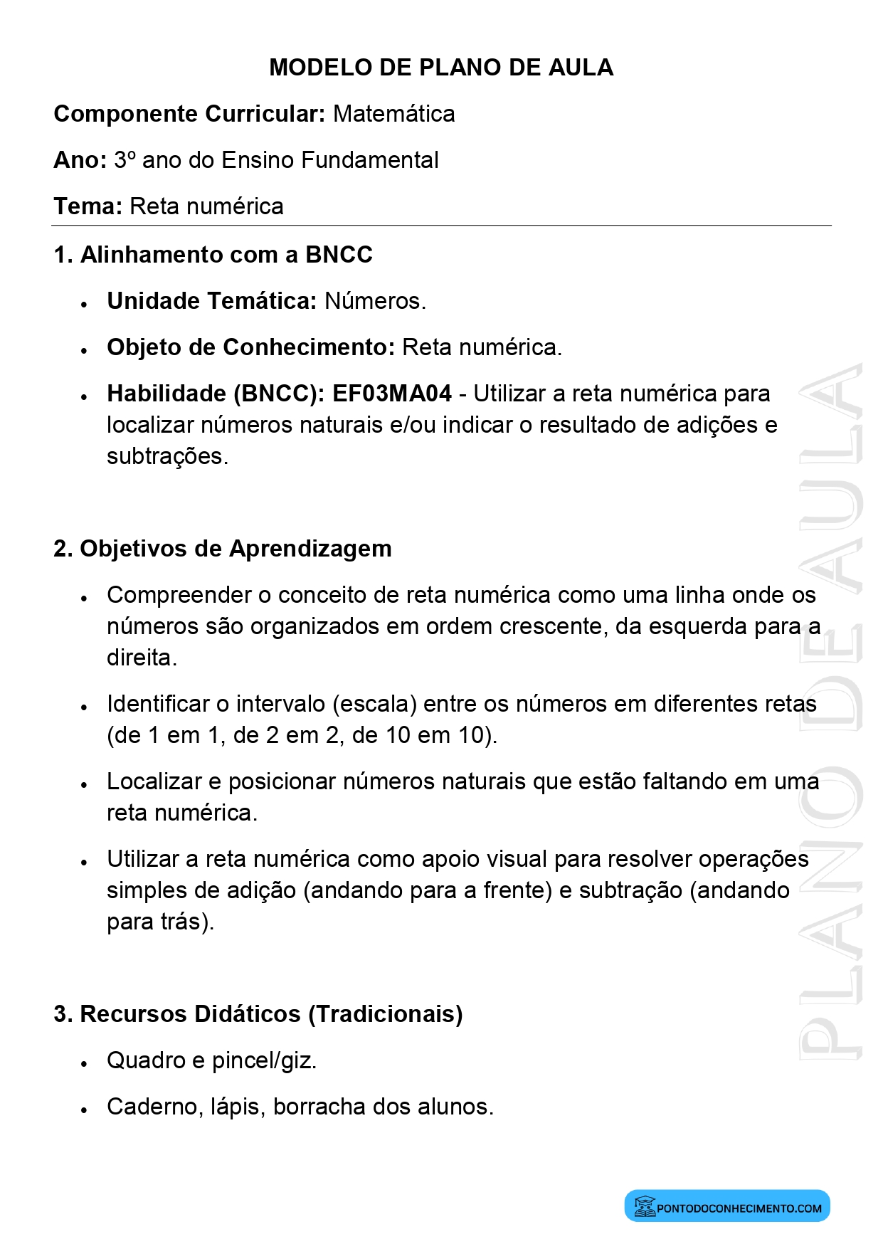 Plano de aula de Matemática para o 3º ano sobre reta numérica