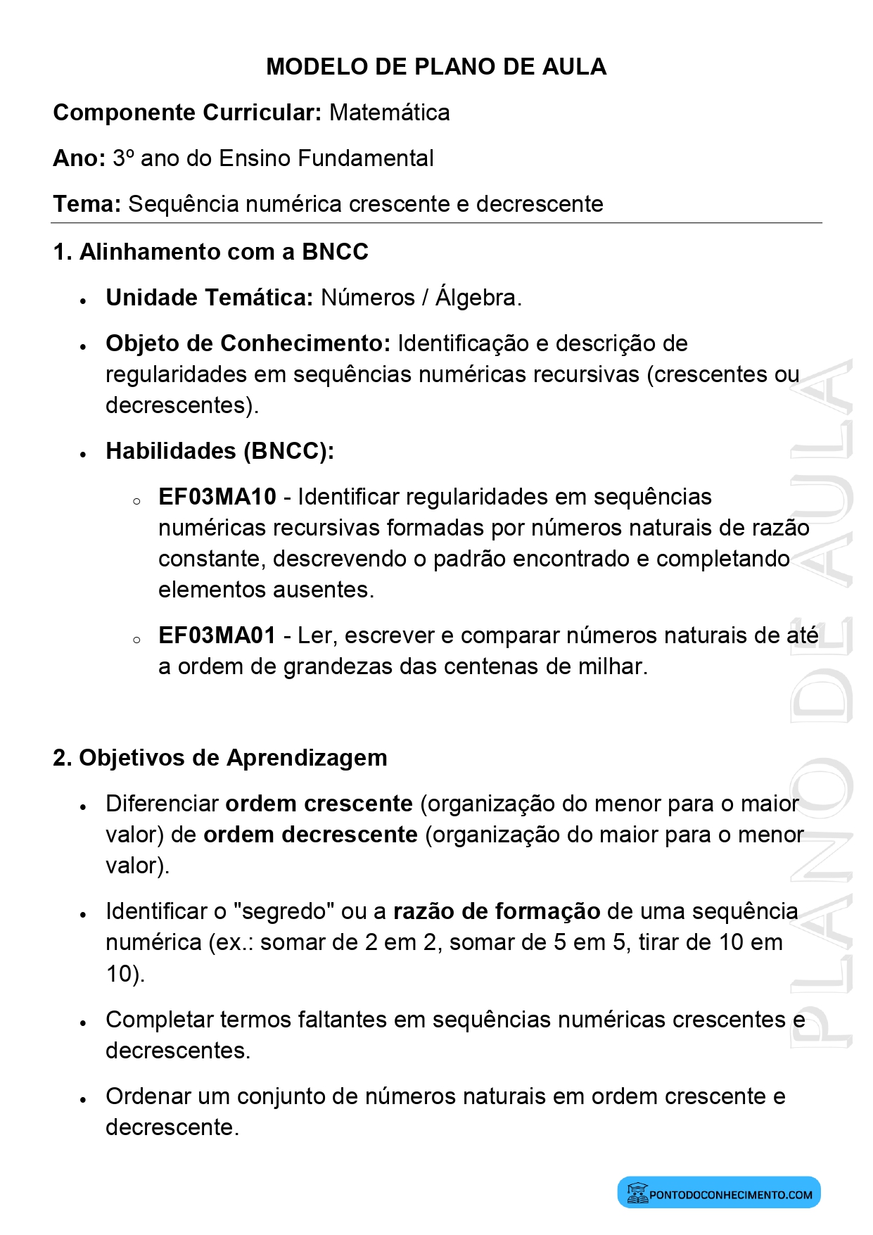 Modelo de plano de aula de Matemática para o 3º ano do Ensino Fundamental sobre sequência numérica crescente e decrescente