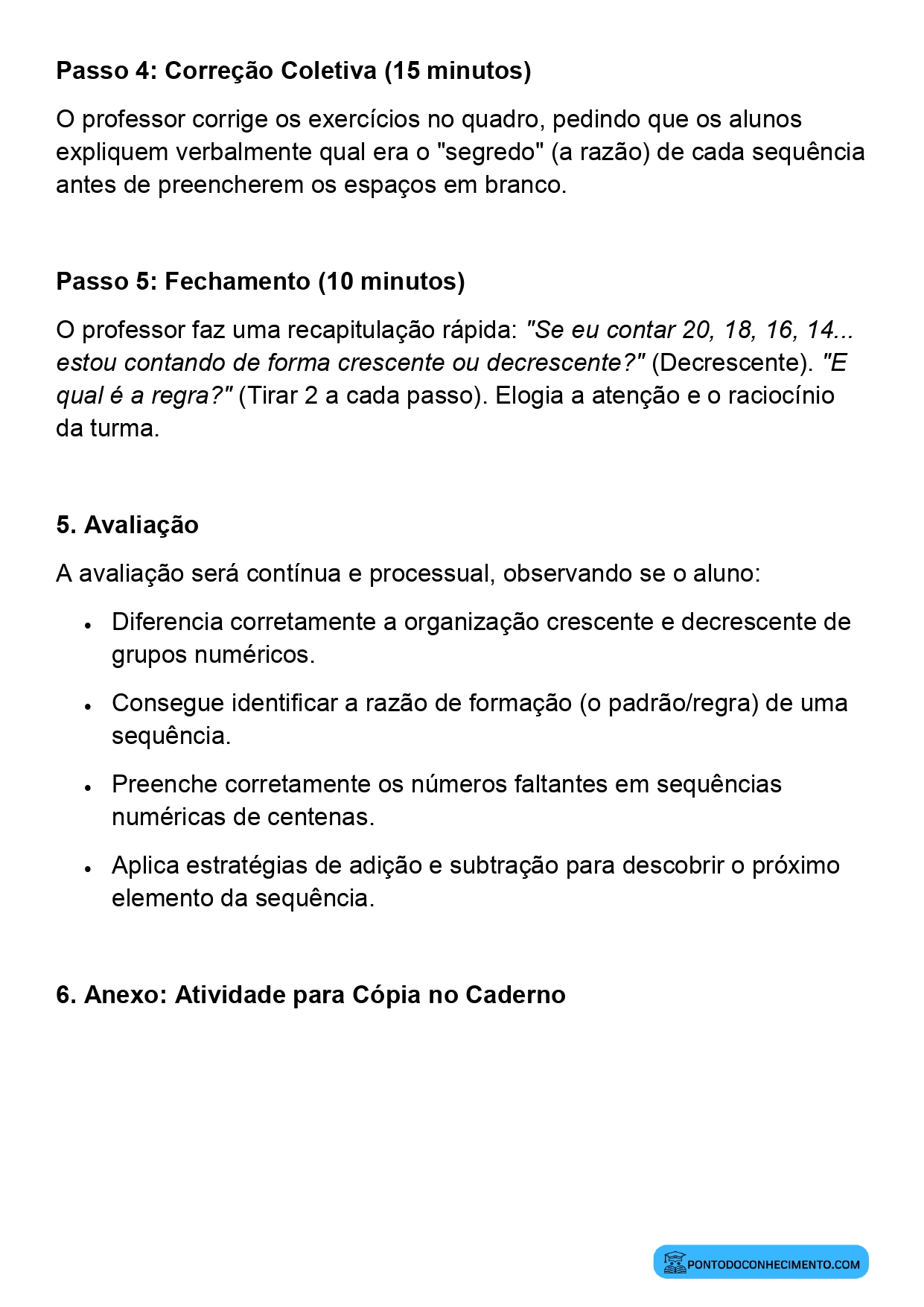 Plano de aula sobre sequência decrescente