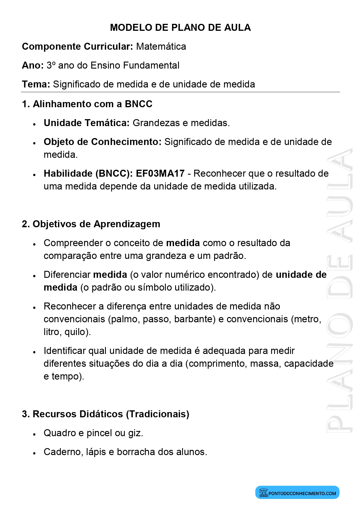 Modelo de plano de aula de Matemática para o 3º ano do Ensino Fundamental sobre significado de medida e de unidade de medida