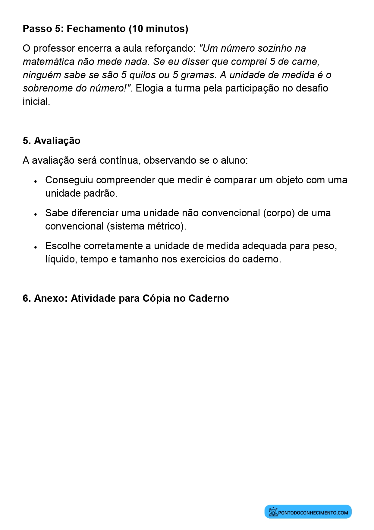 Plano de aula sobre compreensão do significado de medir