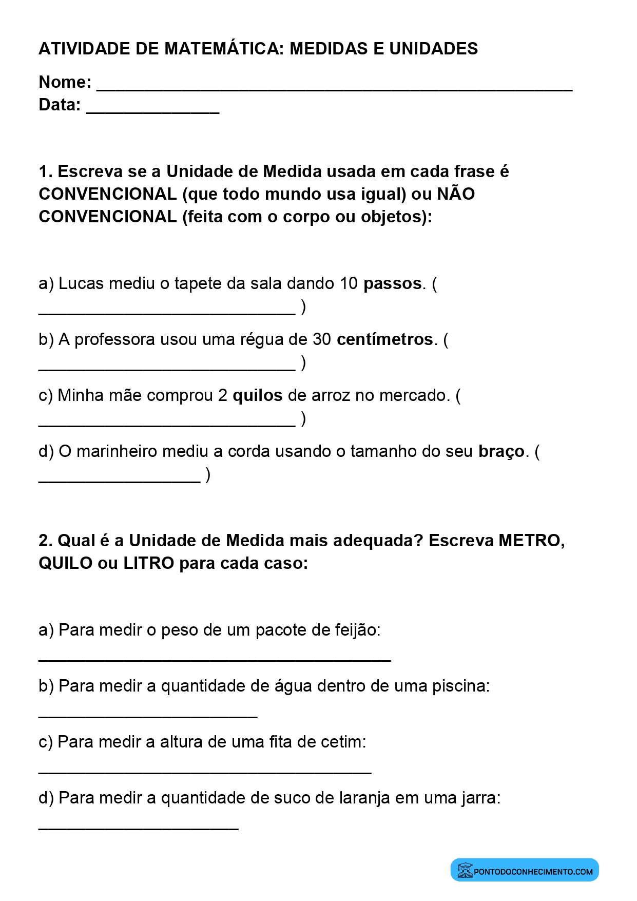 Plano de aula sobre identificação de diferentes unidades de medida