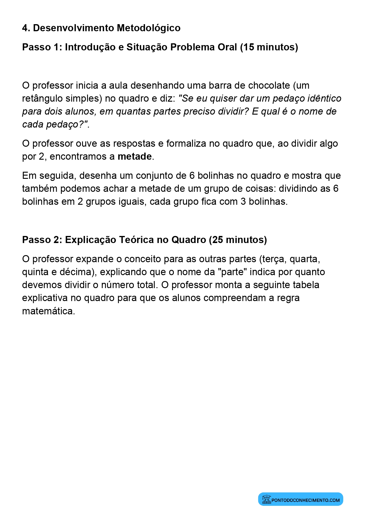 Plano de aula de Matemática sobre terça parte de uma quantidade