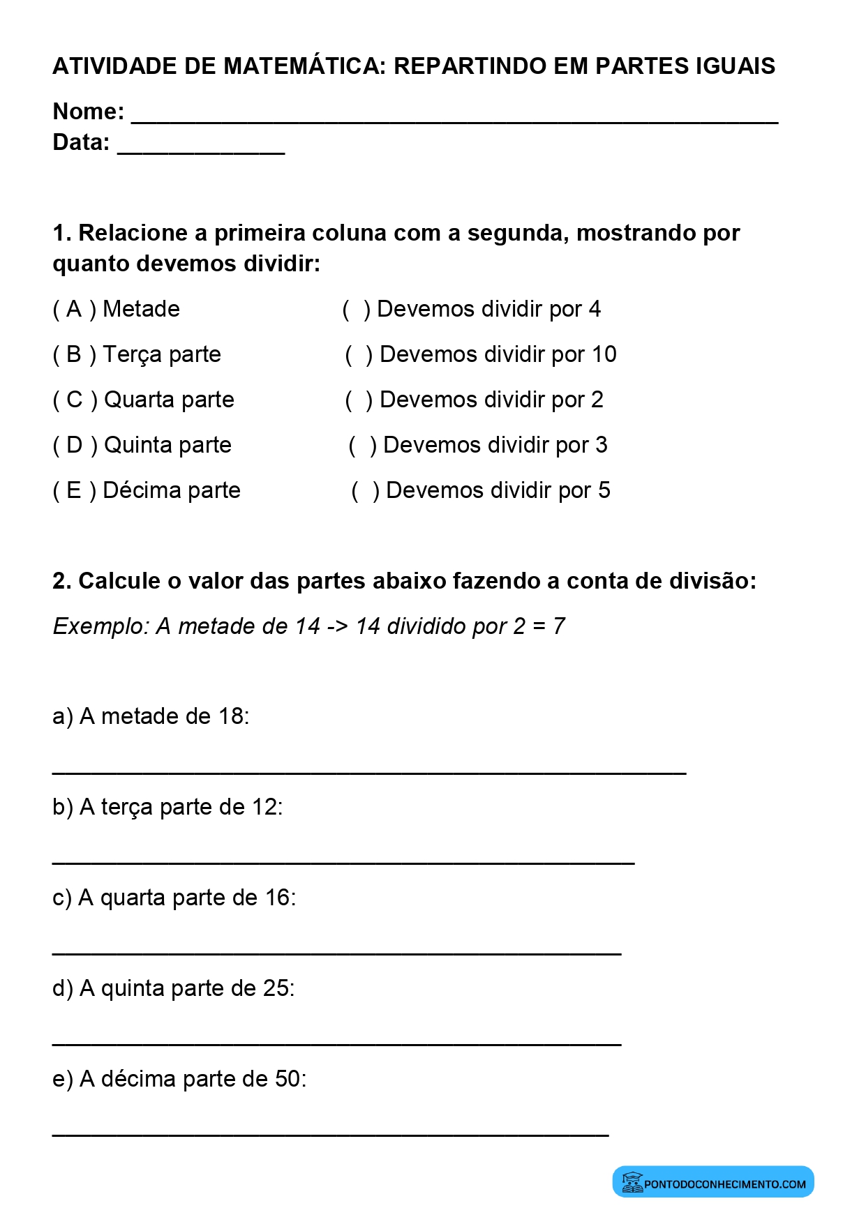 Plano de aula de Matemática sobre décima parte de uma quantidade