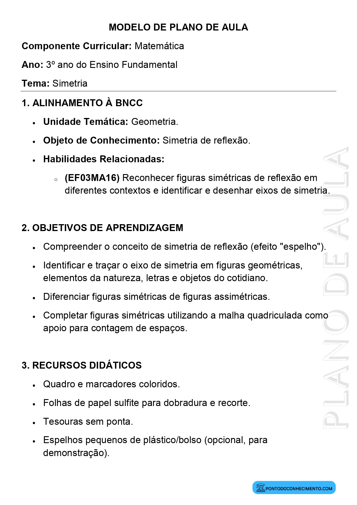 Modelo de plano de aula de Matemática para o 3º ano do Ensino Fundamental sobre simetria