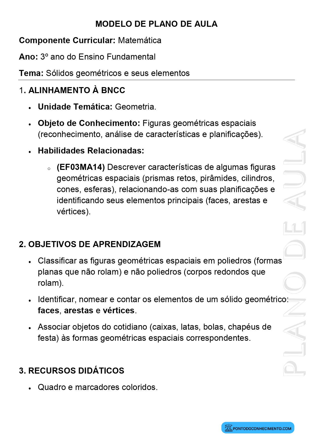Modelo de plano de aula de Matemática para o 3º ano do Ensino Fundamental sobre sólidos geométricos e seus elementos