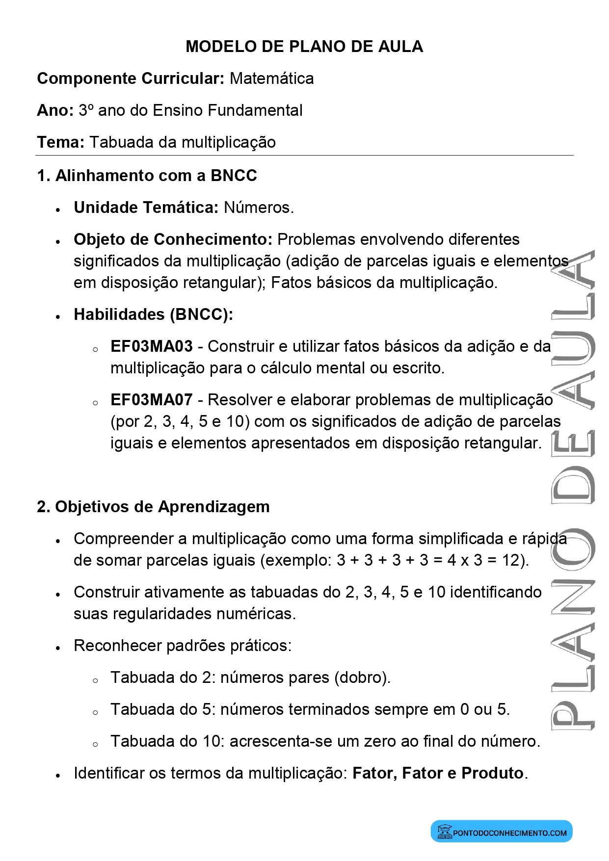 Modelo de plano de aula de Matemática para o 3º ano do Ensino Fundamental sobre tabuada da multiplicação