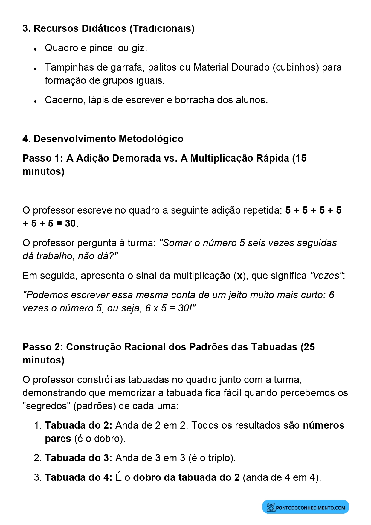 Plano de aula sobre aprendizagem da tabuada da multiplicação