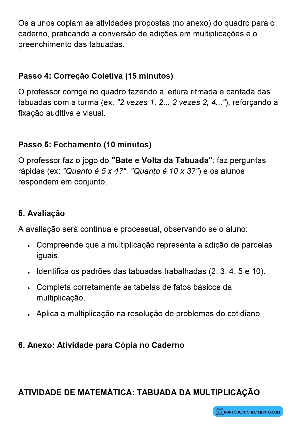 Plano de aula sobre construção da tabuada de multiplicação