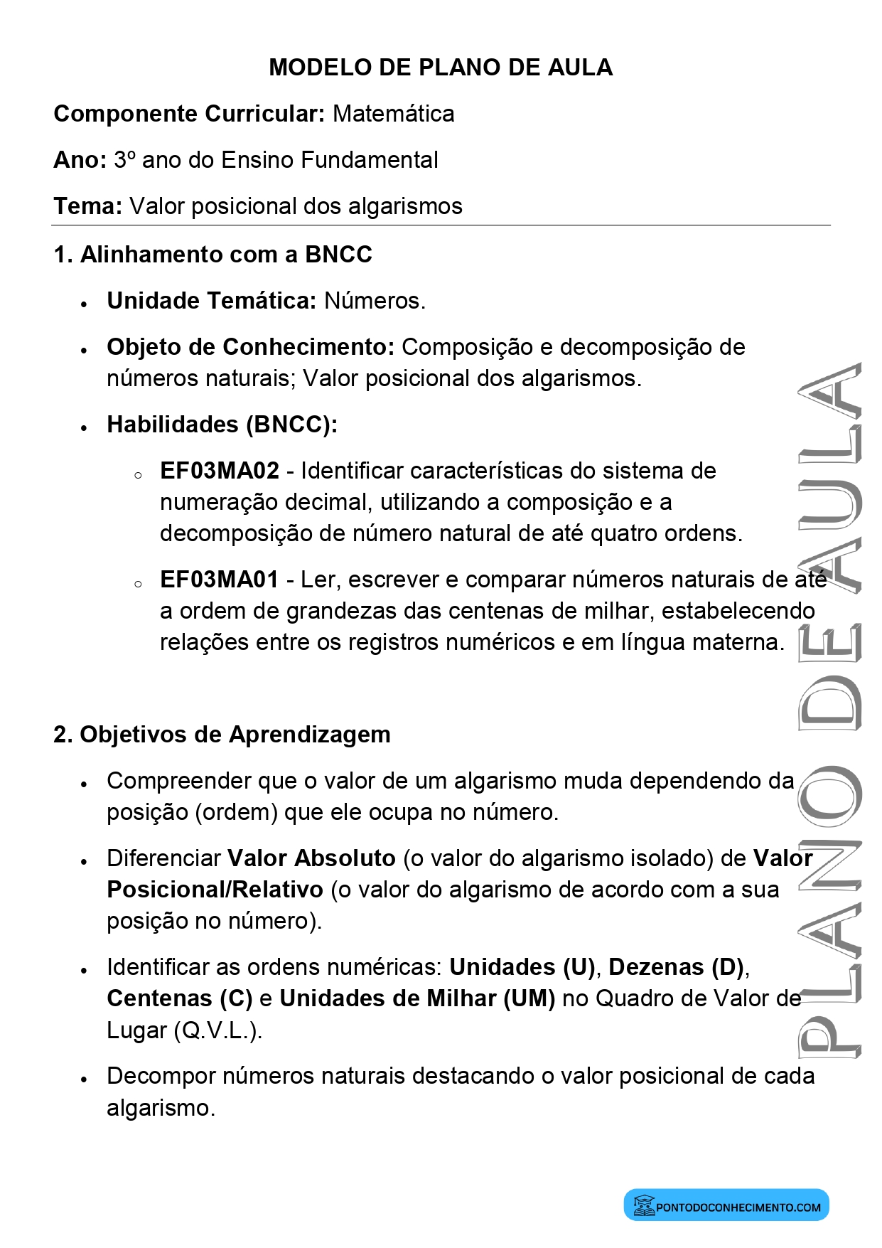 Modelo de plano de aula de Matemática para o 3º ano do Ensino Fundamental sobre valor posicional dos algarismos