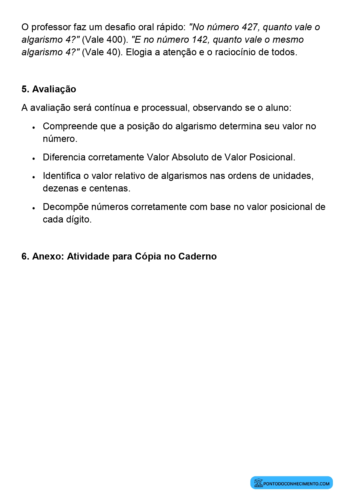 Plano de aula sobre identificação do valor de cada algarismo