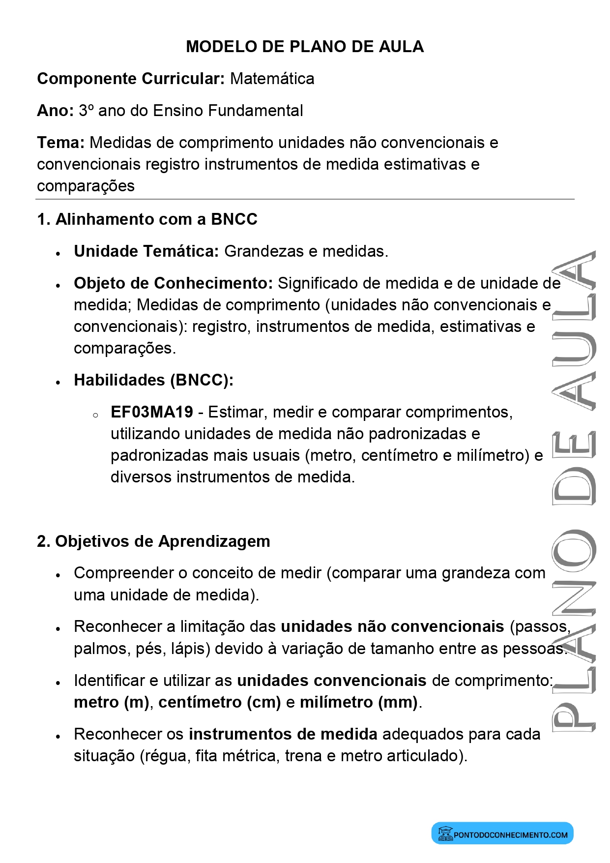 Plano de aula sobre unidades de medida de comprimento convencionais e não convencionais