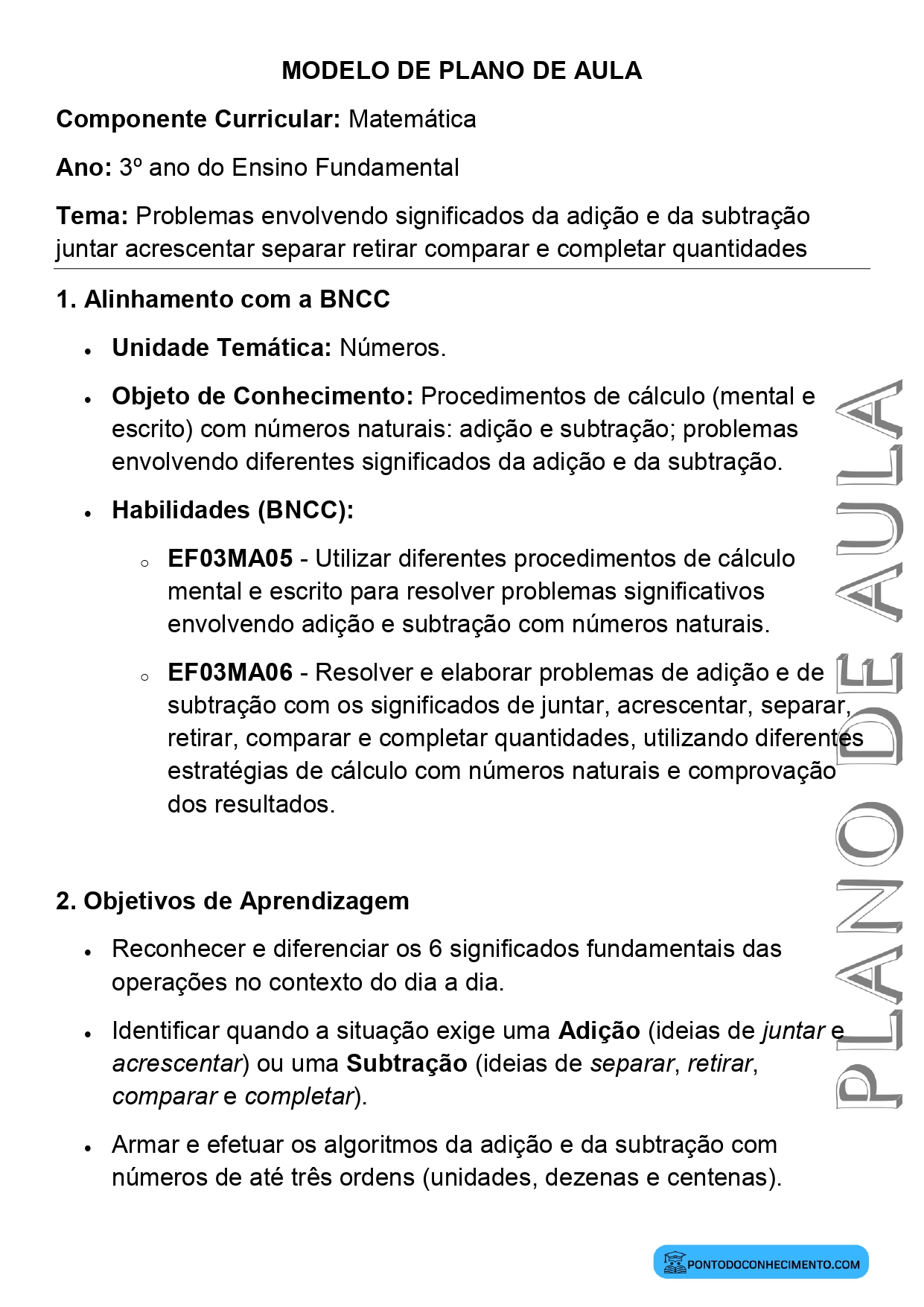 Modelo de plano de aula de Matemática para o 3º ano do Ensino Fundamental sobre problemas envolvendo significados da adição e da subtração juntar acrescentar separar retirar comparar e completar quantidades