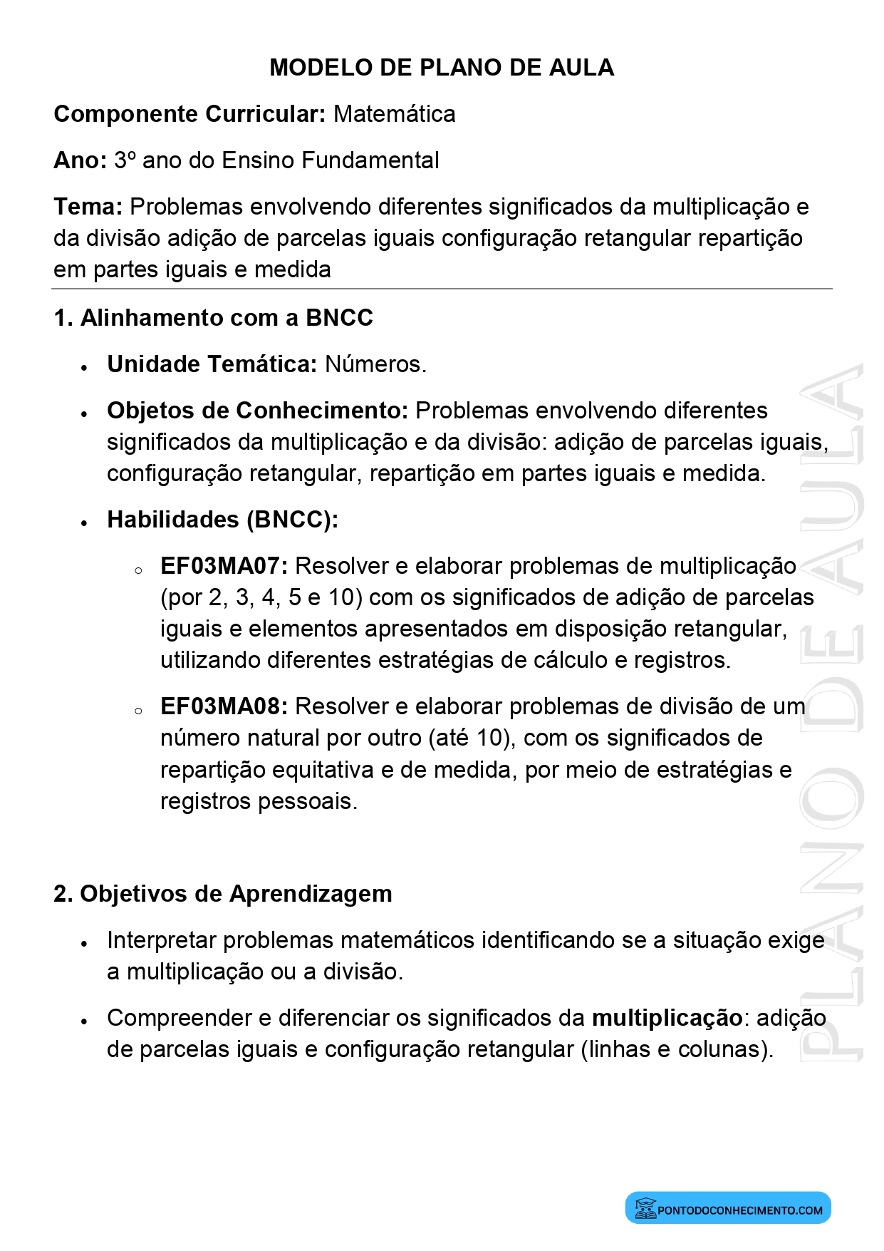 Plano de aula sobre diferentes significados da multiplicação