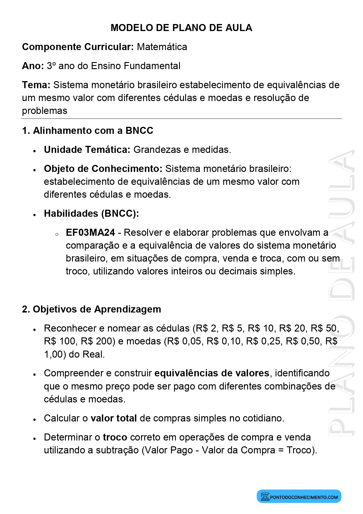 Plano de aula de Matemática para o 3º ano sobre sistema monetário brasileiro