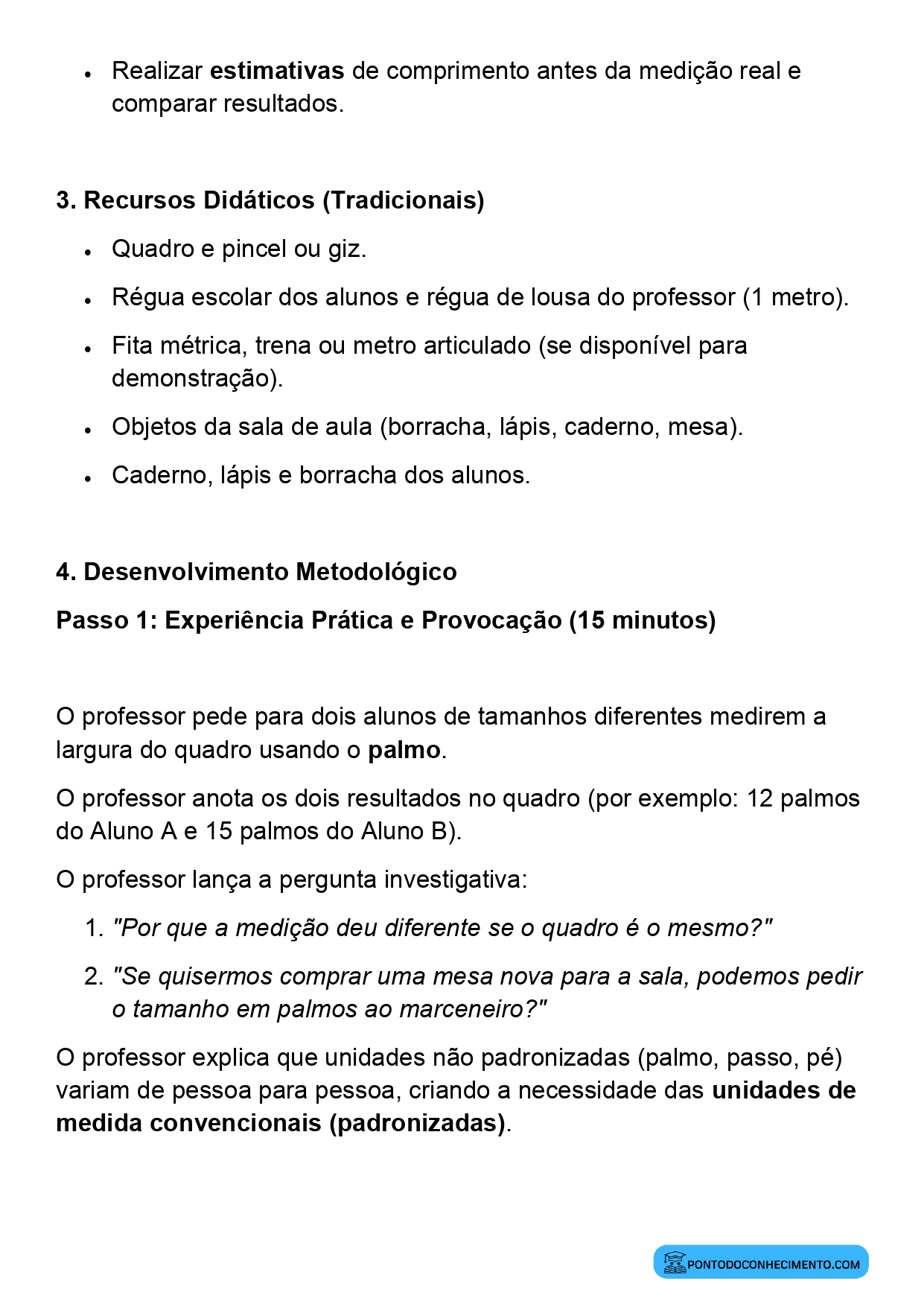 Plano de aula de Matemática sobre medição de comprimentos