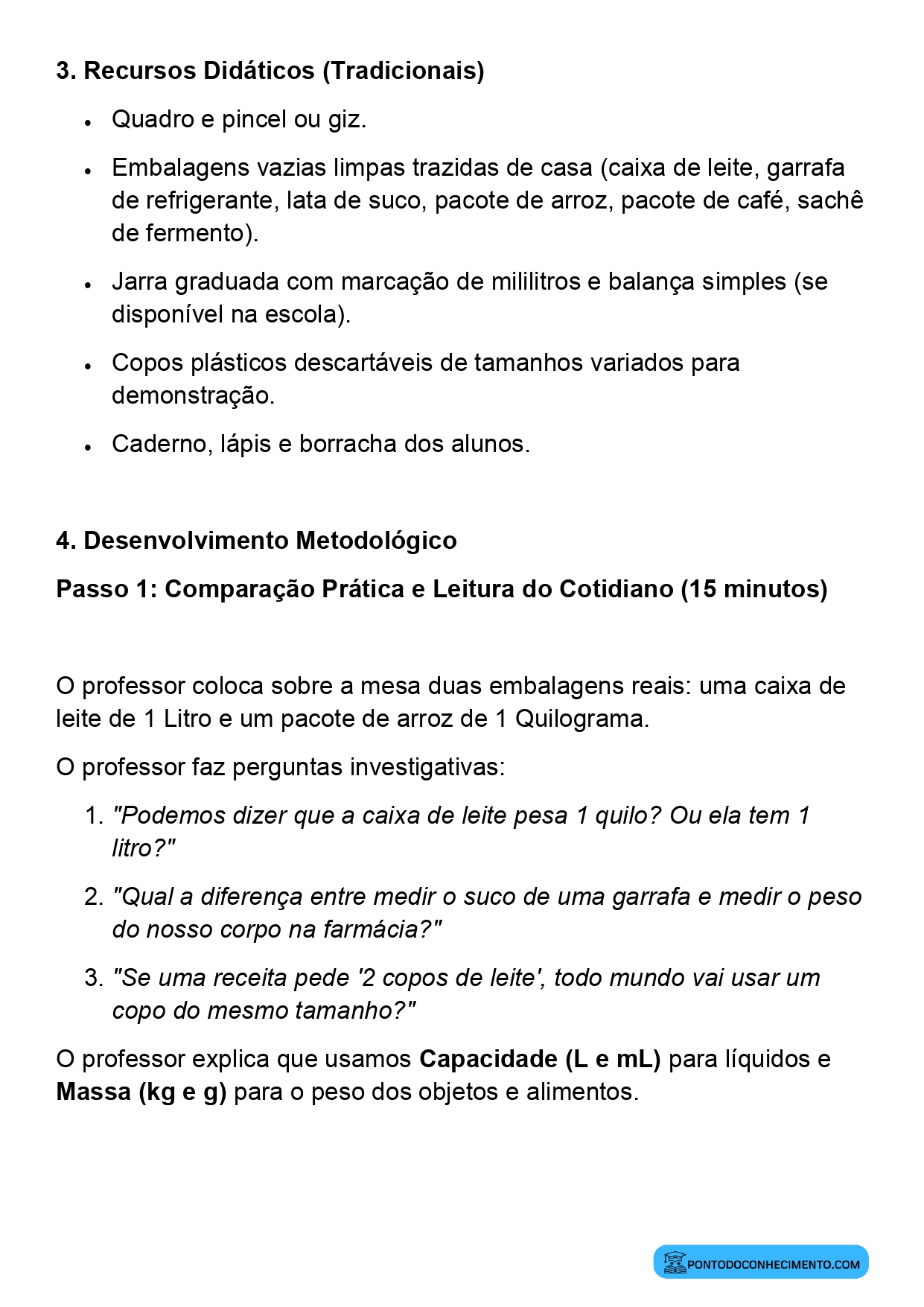 Plano de aula de Matemática sobre litro mililitro grama e quilograma