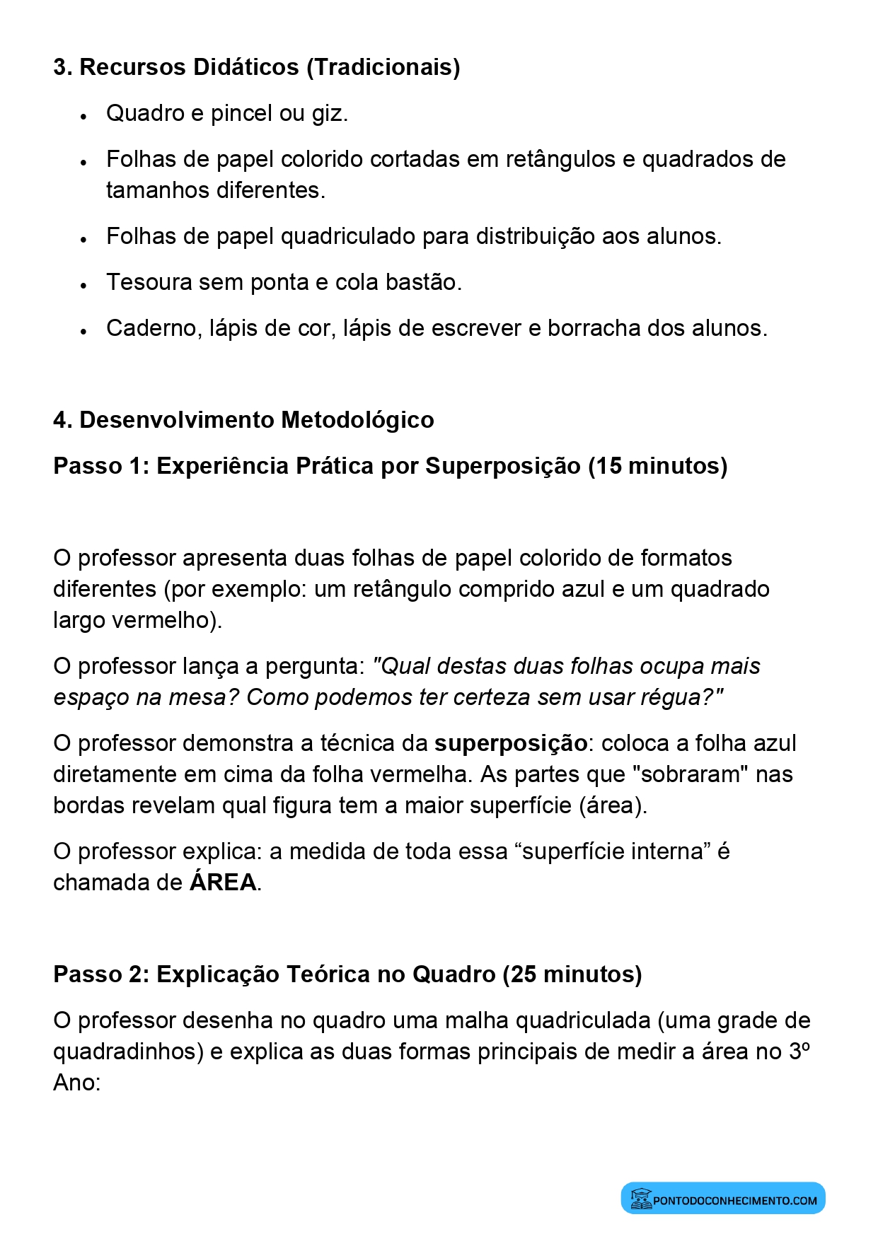 Plano de aula de Matemática sobre área de figuras planas por contagem