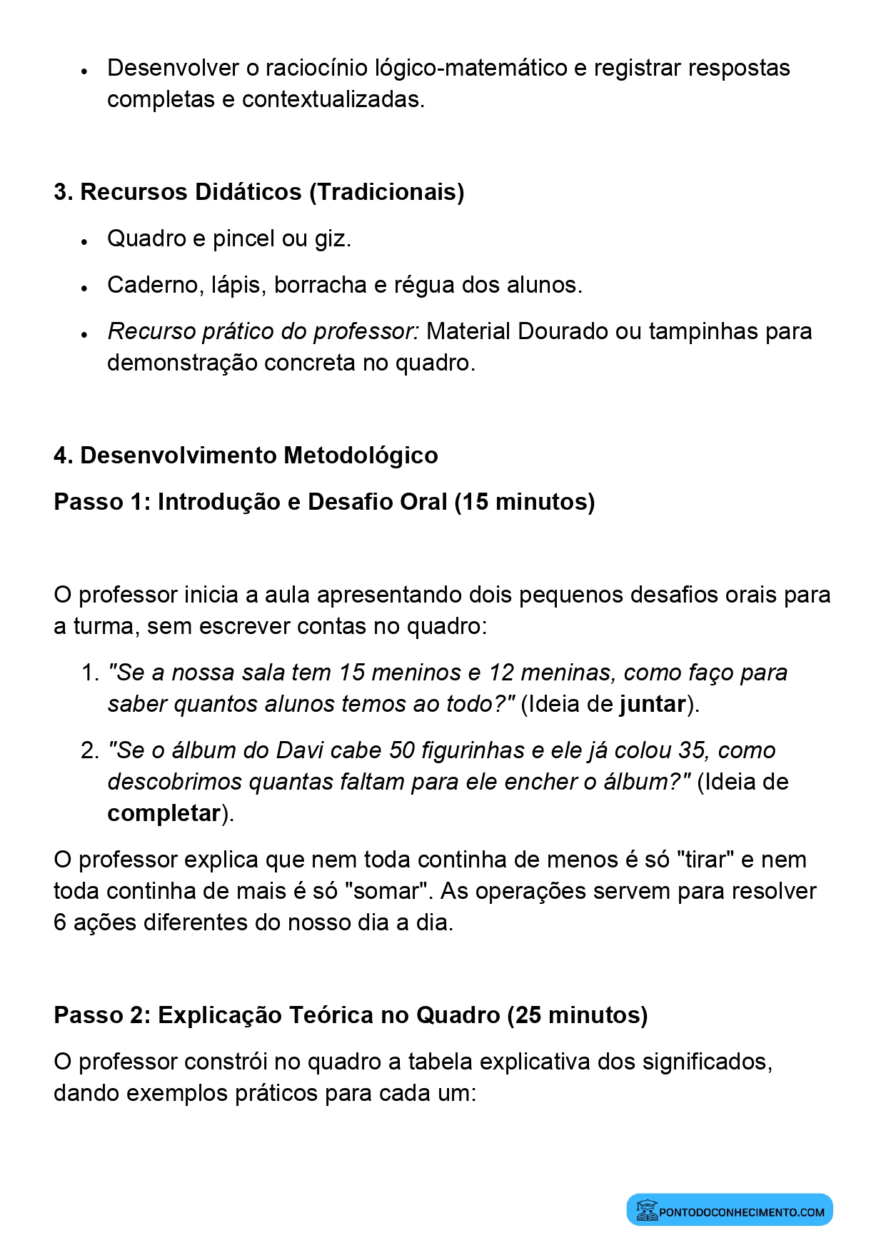 Plano de aula sobre problemas envolvendo adição e subtração