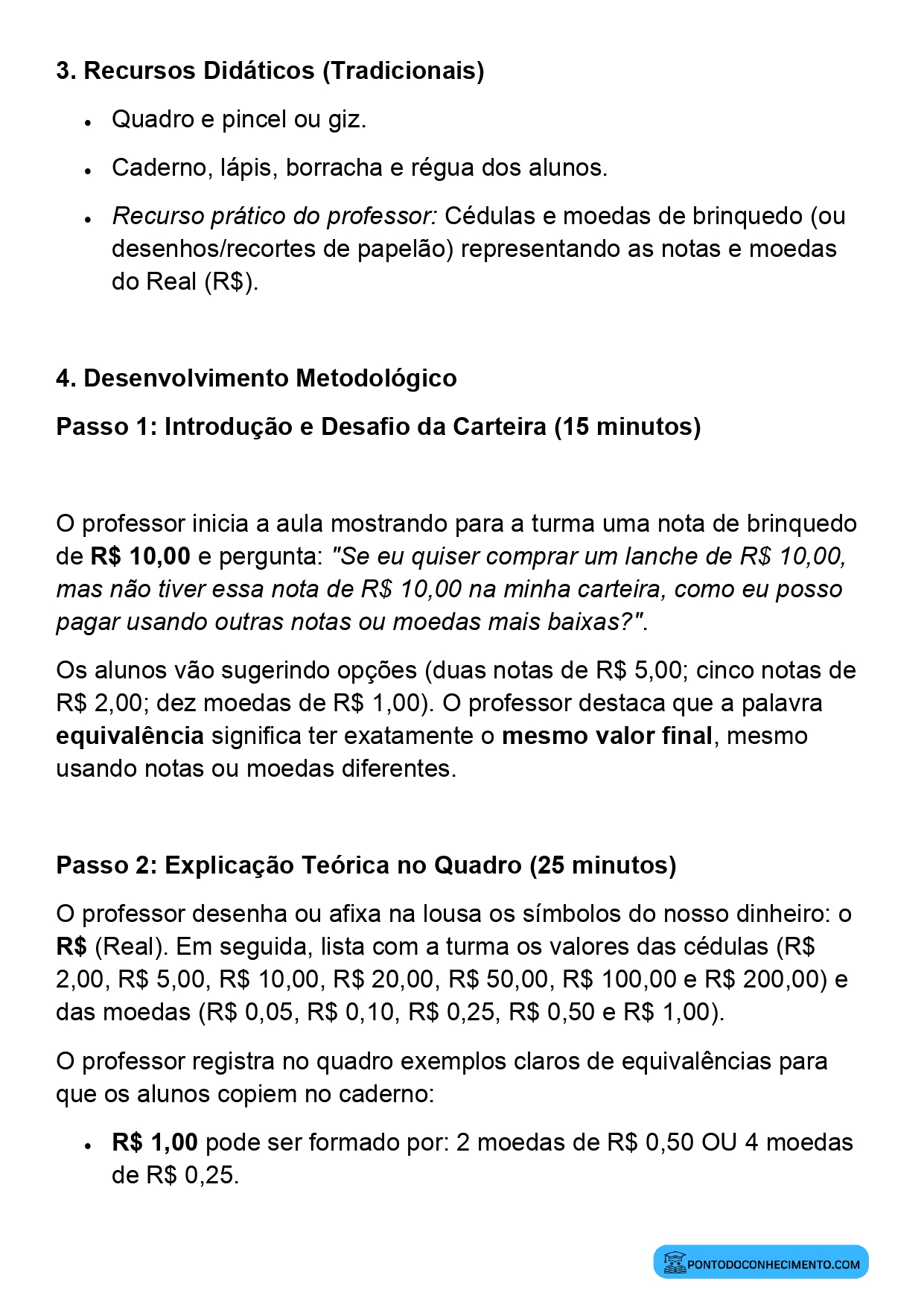 Plano de aula de Matemática sobre identificação de cédulas e moedas