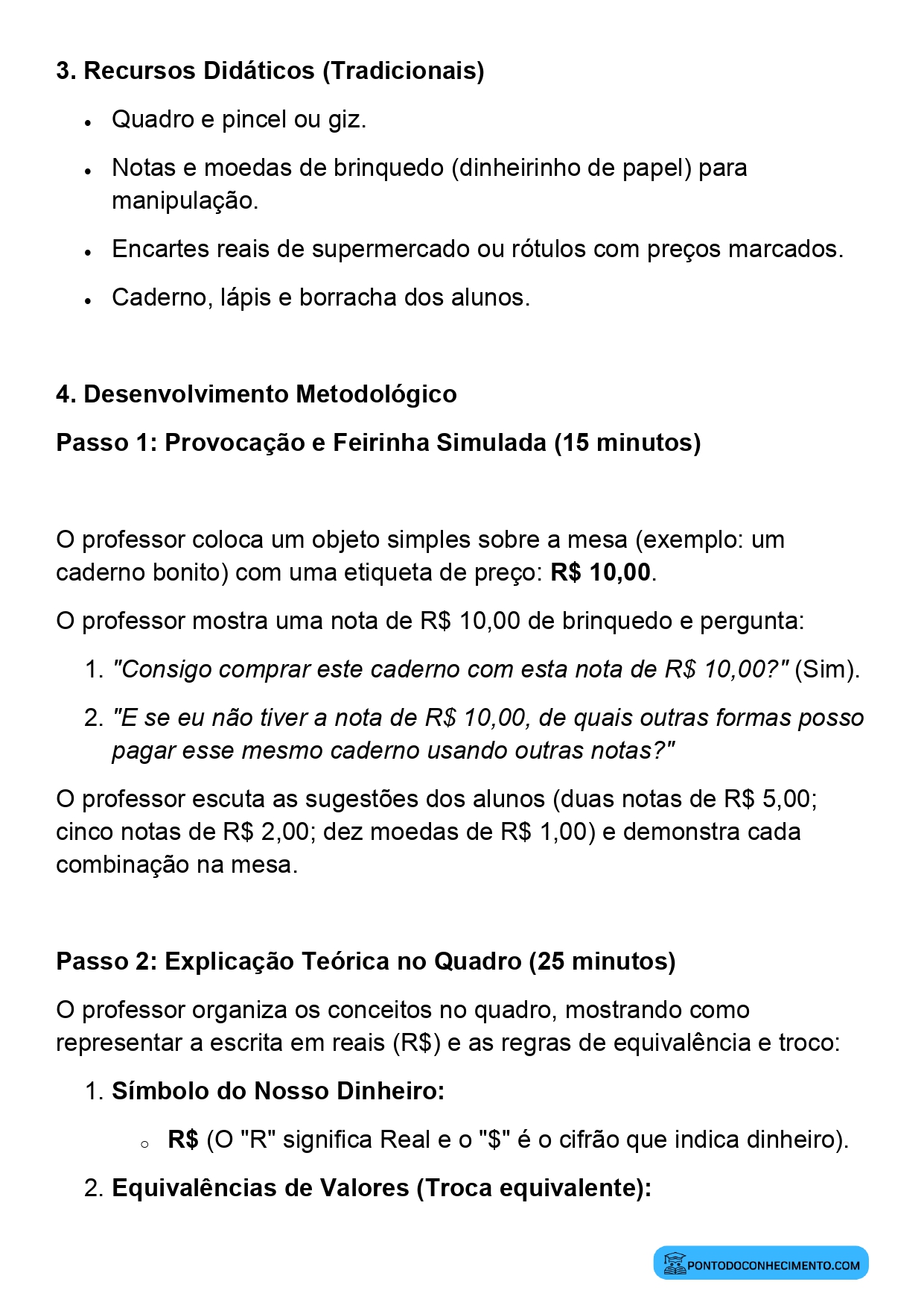 Plano de aula sobre sistema monetário brasileiro e equivalência de valores