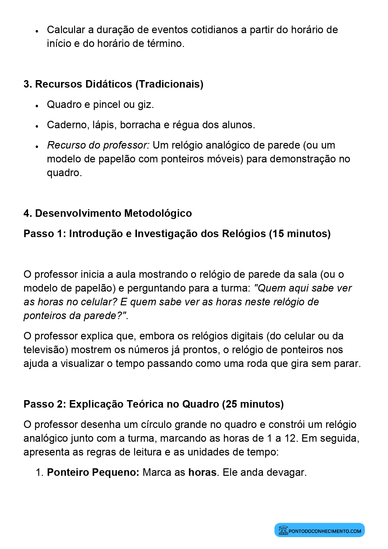 Plano de aula sobre leitura de horas em relógios digitais e analógicos