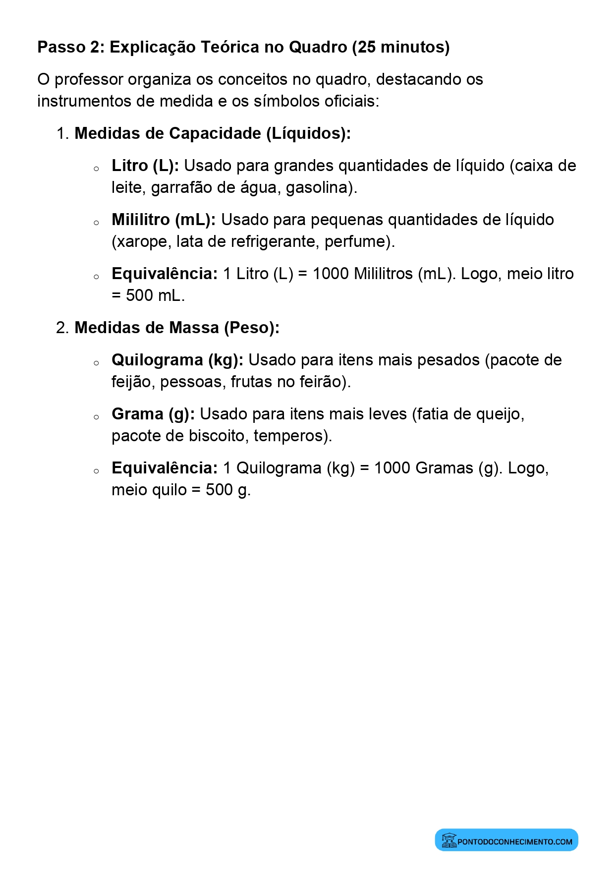 Plano de aula sobre medidas de capacidade no cotidiano