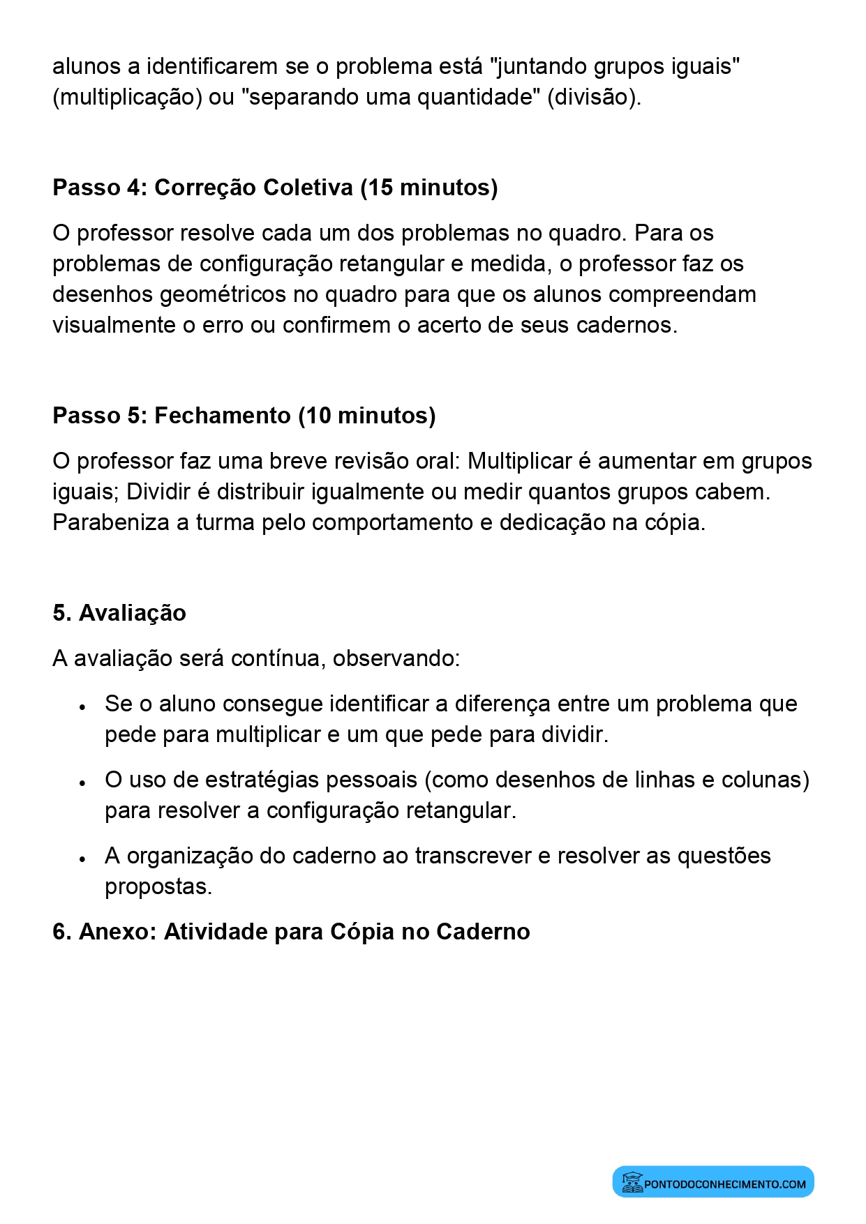 Plano de aula sobre divisão como repartição em partes iguais
