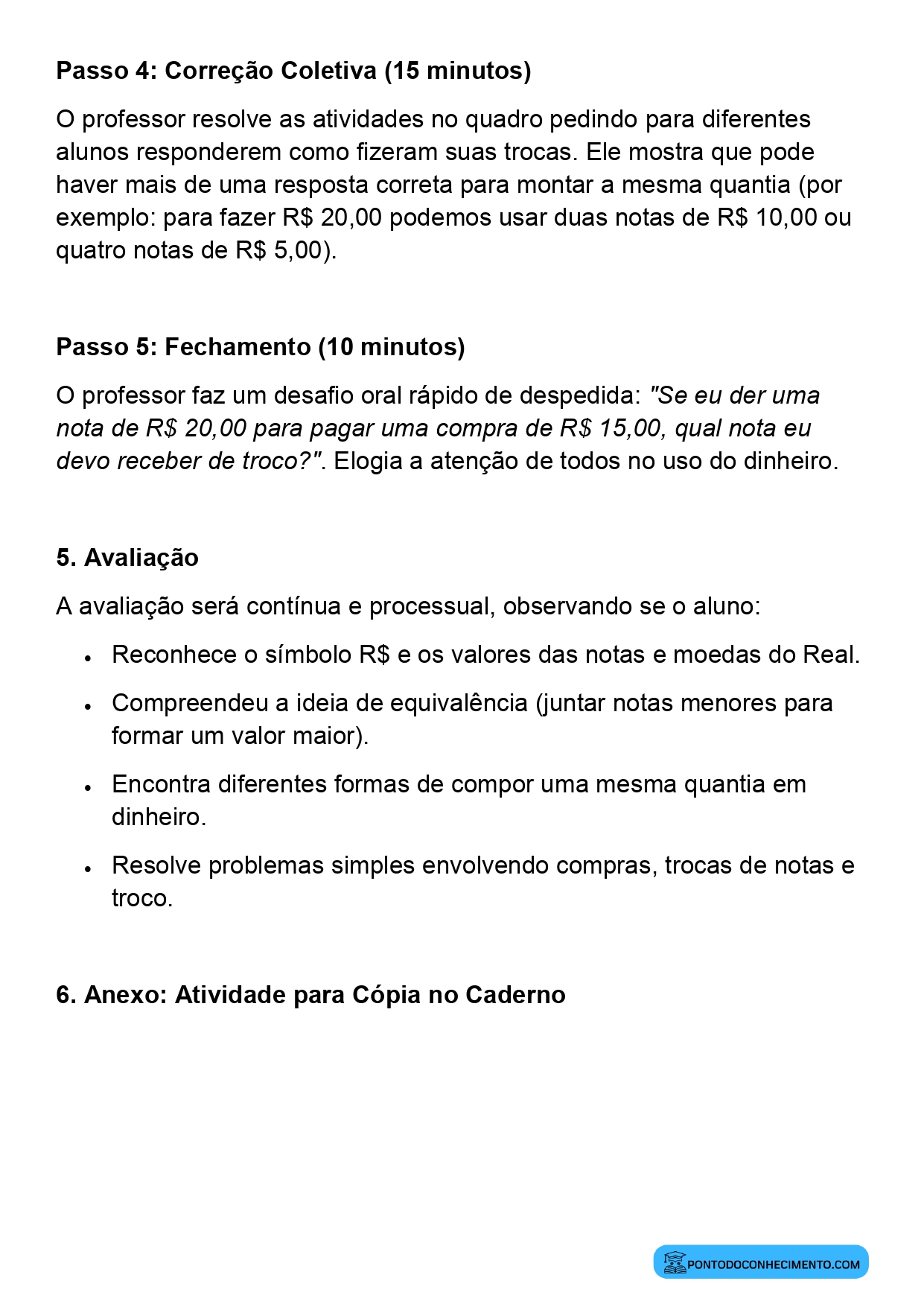 Plano de aula sobre equivalência entre valores monetários