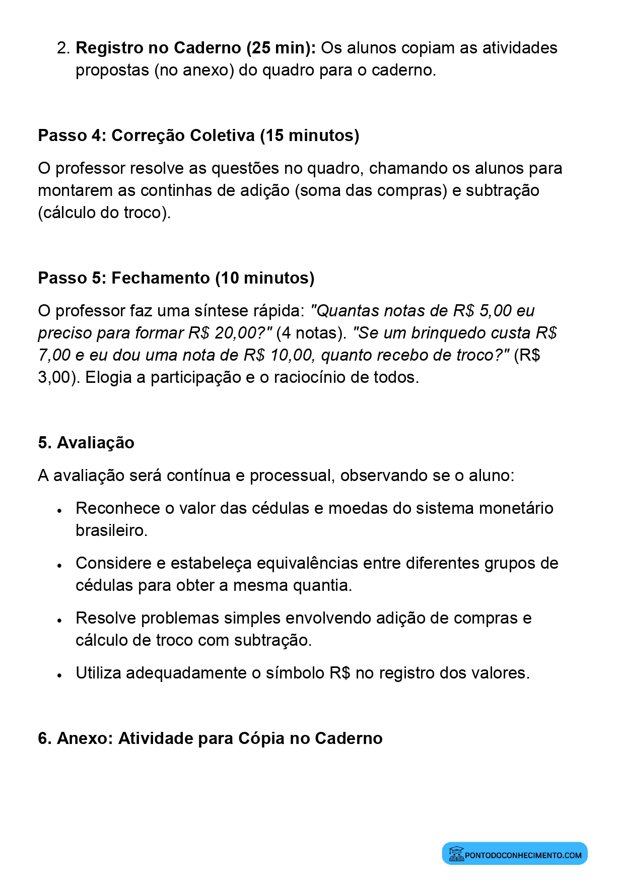 Plano de aula sobre identificação e reconhecimento de cédulas e moedas