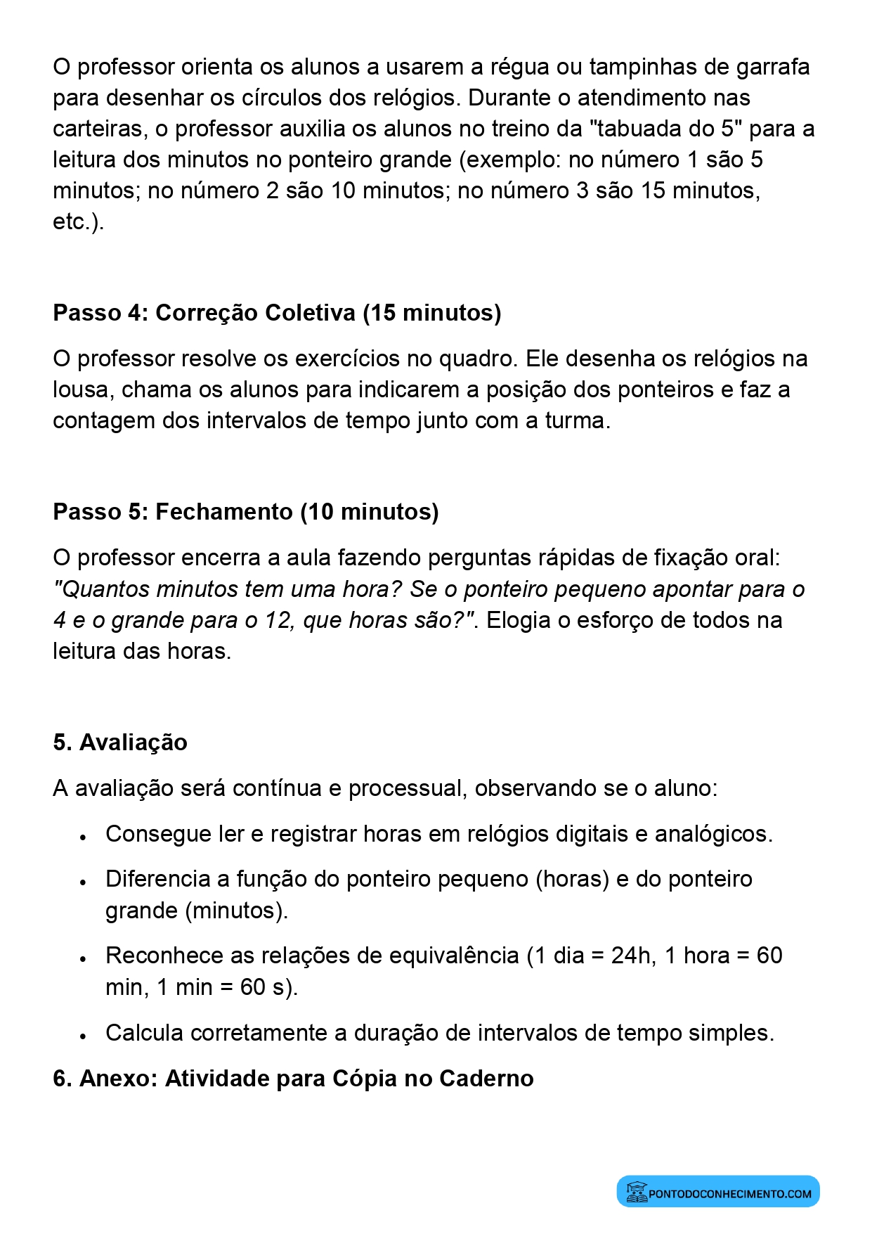Plano de aula sobre identificação das horas em relógios analógicos