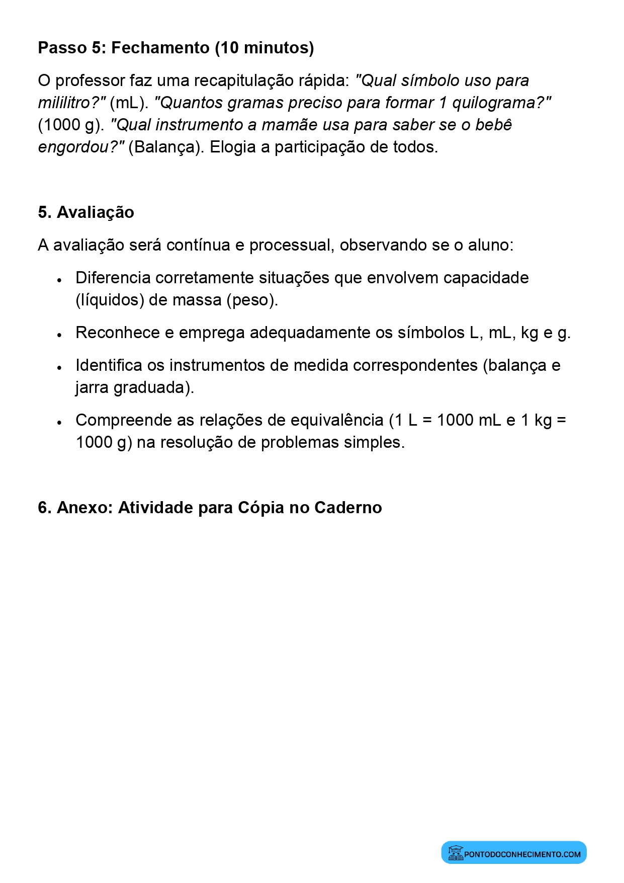 Plano de aula de Matemática sobre litro e mililitro