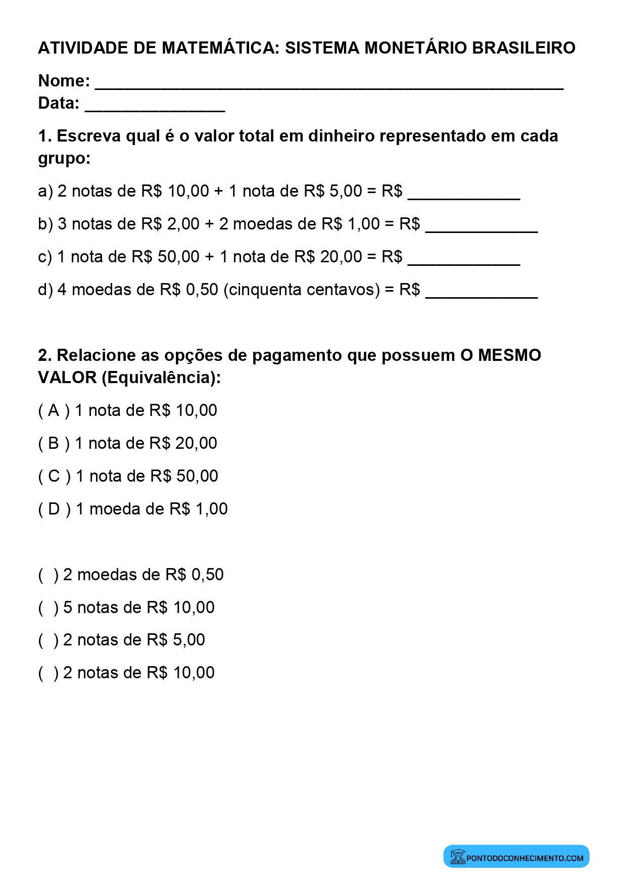 Plano de aula sobre equivalência entre diferentes cédulas e moedas