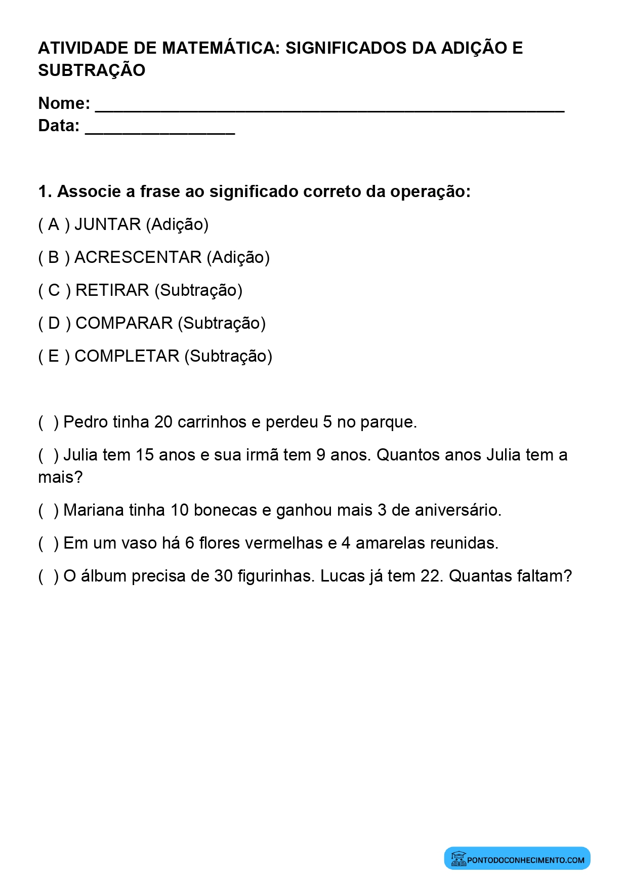 Plano de aula de Matemática sobre situações de separar e retirar quantidades