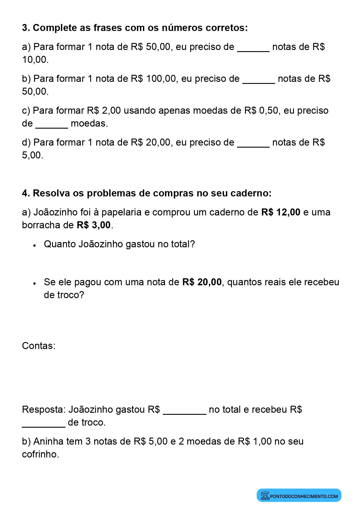 Plano de aula sobre composição e decomposição de valores monetários