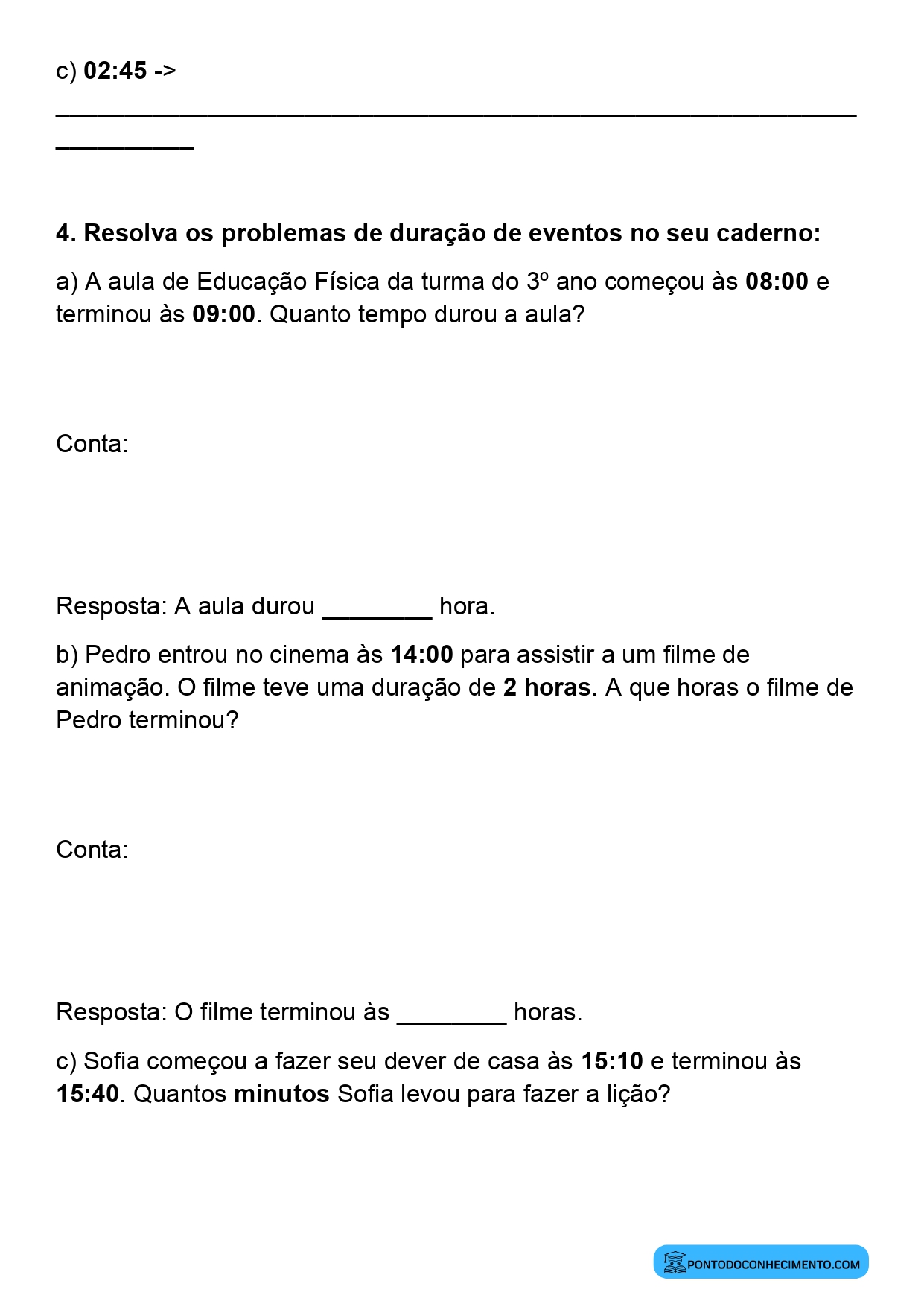 Plano de aula de Matemática sobre duração de eventos