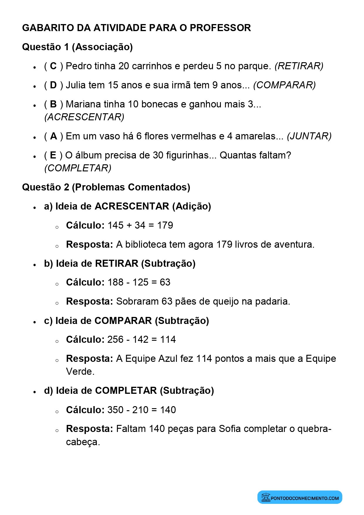 Plano de aula de Matemática sobre diferentes significados da adição e subtração